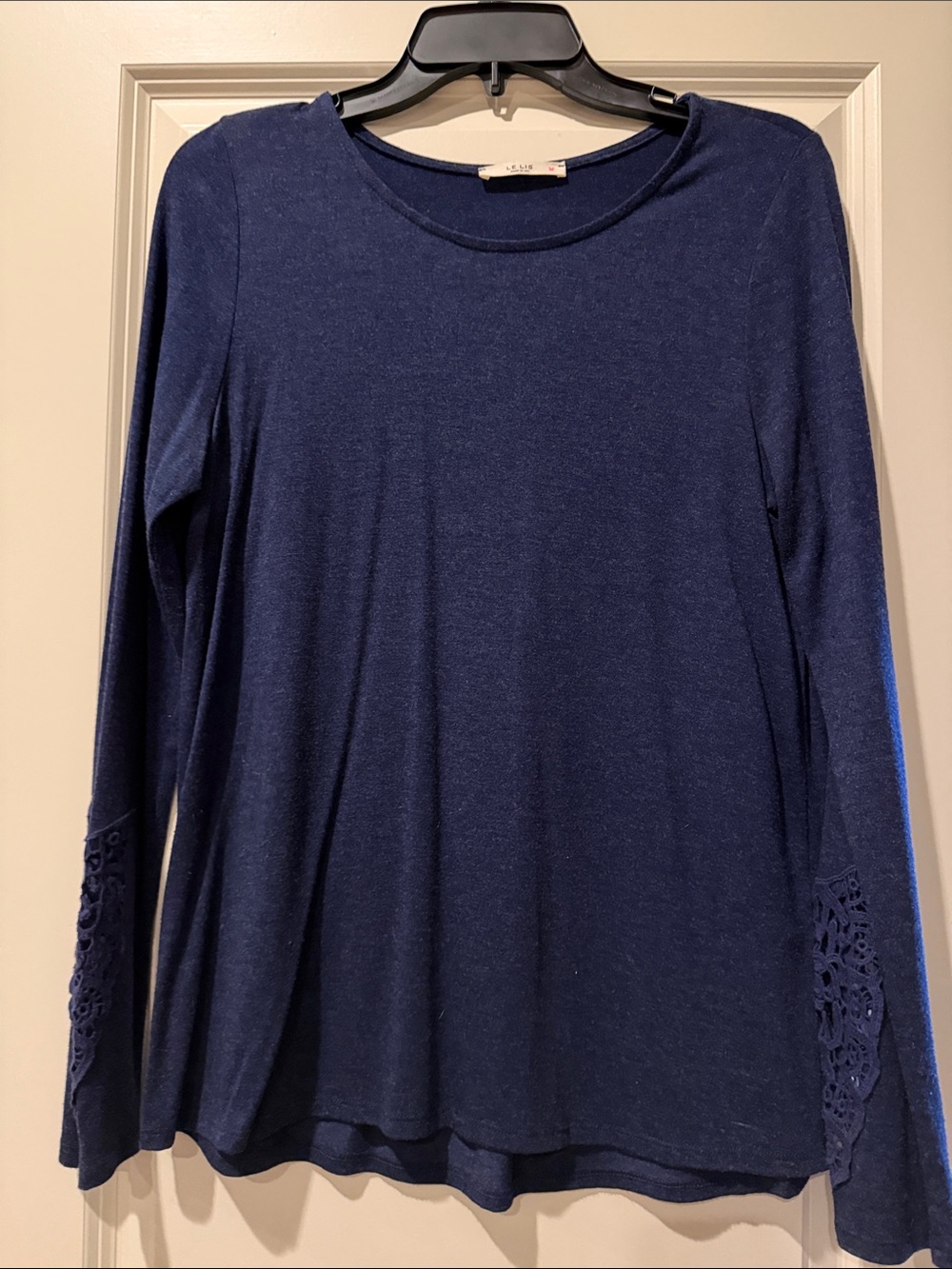 Le Lis Navy Long Sleeve Top with Lace Sleeve Trim
